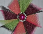 Custom tulle pinwheel flower on clip, ages newborn to adult.  FREE USA shipping.  You choose colors.