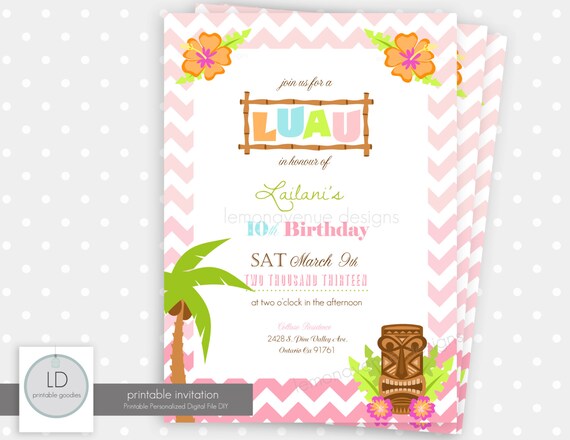 Luau Birthday Invitation - bright, pink, green, teal, luau, lei, Hawaii, Hawaiian, chevron stripes - you print Il_570xn