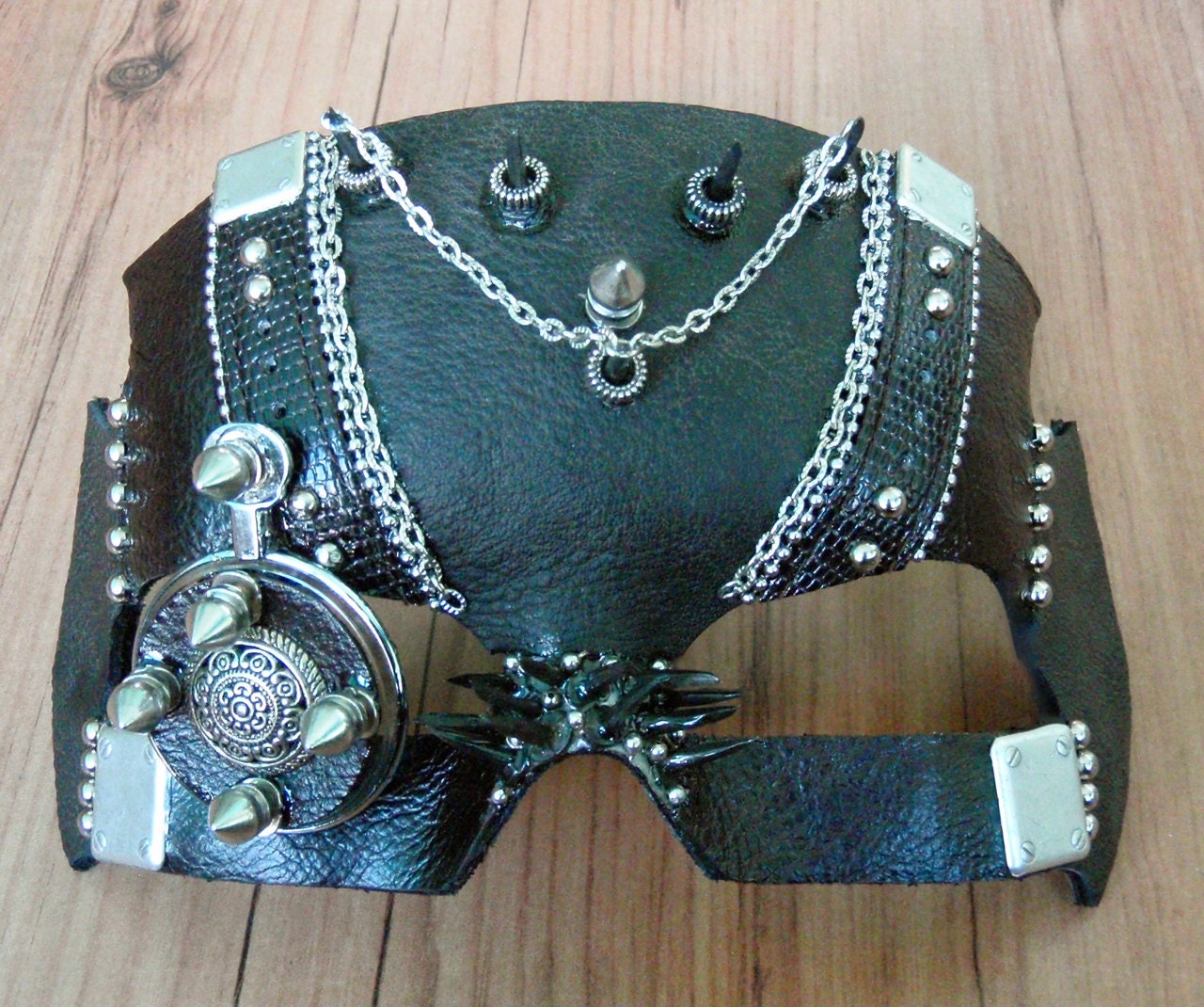 Steampunk Mask in Gun Metal Grey Leather With Monocle -The Organ Grinder - OcultoSteamMasks