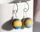 Bold Modern Bauble Earrings - Gray Blue Yellow - Handmade Enameled Glass on Copper - Swarovski Crystal - Sterling Silver Findings
