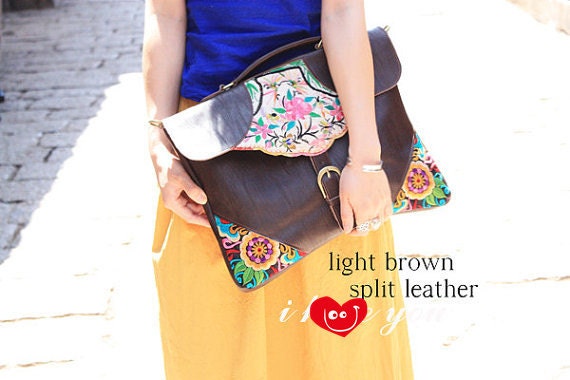 light brown split leather shoulder bag Hmong/Tribal style, with vintage embroidered piece, vintage redesign