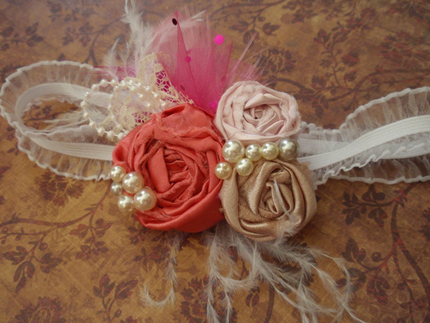 Coral, Pink, Champagne Headband, Rosette Hairband, Baby Headband, Kids Hair Accessory, Girls Vintage Headband, Shabby Chic Hair Accessory