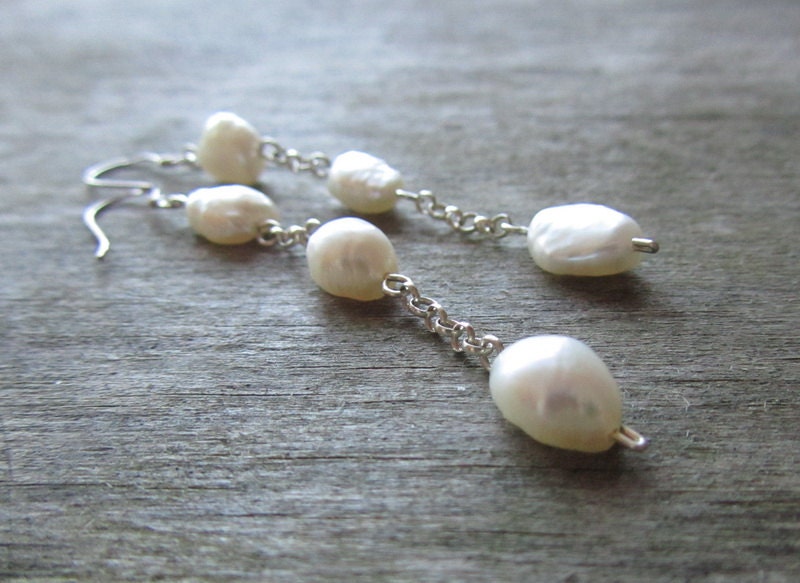Freshwater pearl silver earrings - bridal white pearl earrings - silver chain earrings - wedding jewelry - europeanstreetteam