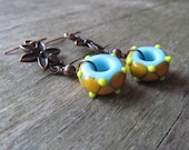 Lampwork earrings - copper earrings - flower earrings - flower jewelry - blue - yellow - europeanstreetteam