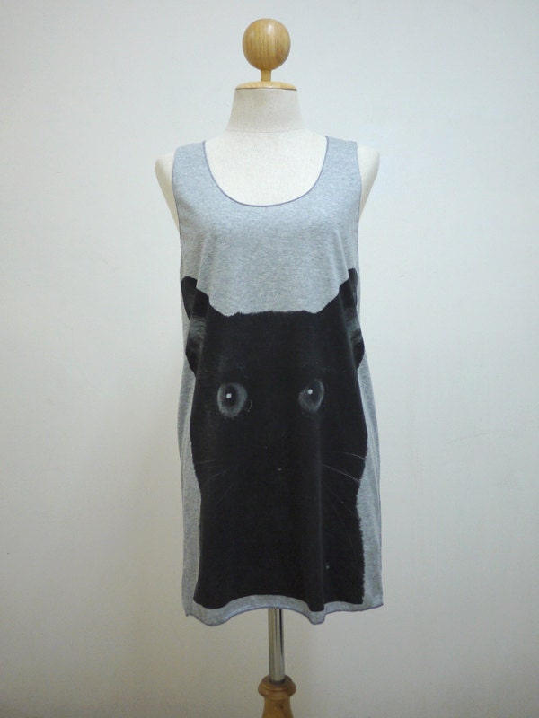 Black Cat (Size M) : Cute Black Kitty Animal T-shirt Tank Top Tunic Unisex Shirt Vest Women Sleeveless Men Singlet Gray Color T-Shirt