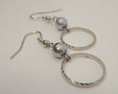 Glass Pearl 16mm Silver Textured Circle Dangle Drop Earrings - Wedding Bridal Bridesmaids Fashion Jewelry Gifts