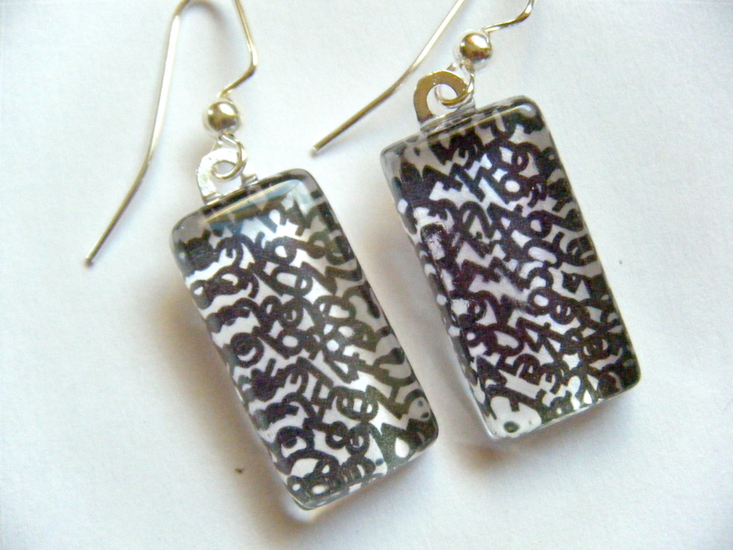 Glass Tile Earrings OOAK Geekery Black White Numbers Modern Recycled Material Wire Hooks Jewelry Upcycled Paper Hungary Envelope