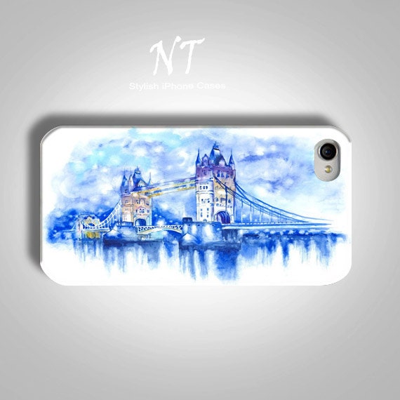 iPhone 4/ 4s 5 Case - Cell Phone Cover - Watercolor Painting Tower Bridge- London Love England Blue Pretty