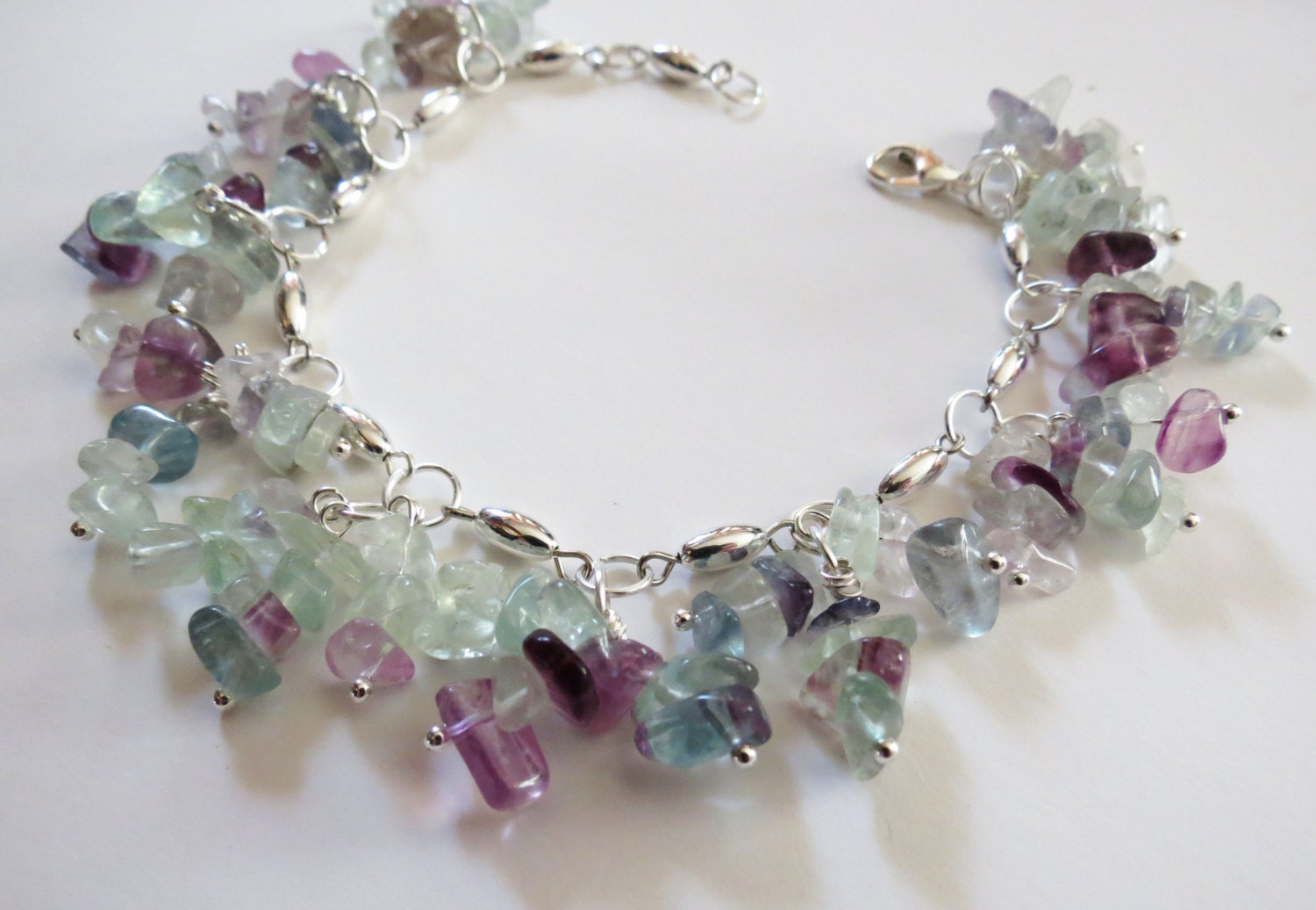 Natural Rainbow Fluorite Gemstone Cluster Dangle Bracelet for Women, Gift for Her, Jewelry, Blue, Purple, Green, Silver