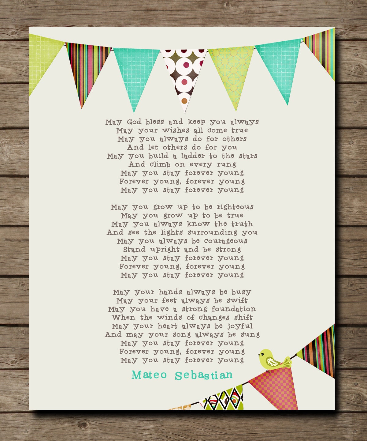 Personalized Christening Gift, Forever Young Lyrics Print, Gift for Godchild, Baptismal Gift, Nursery Wall poster art 8 x 10,