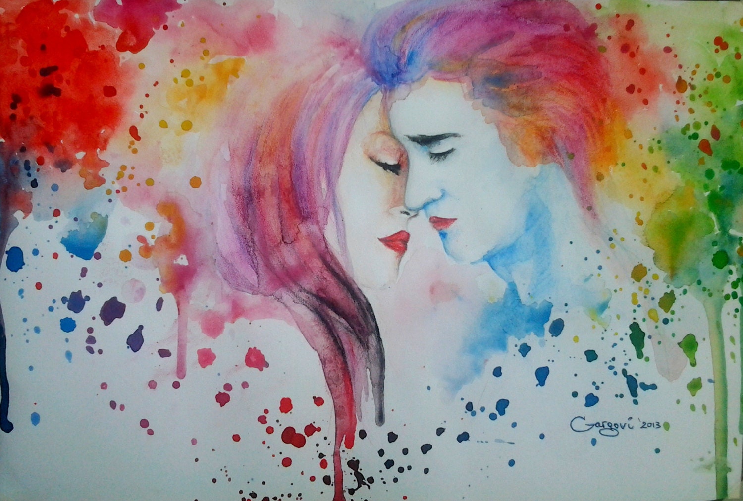 Original Painting - Rainbow Couple -  Watercolor Portrait Painting - Couple Kissing - Abstract Modern Art By Gargovi
