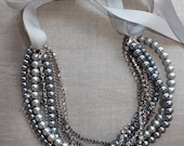 Vintage style Grey Pearl, Chain, Rhinestone, and Ribbon Necklace - SvenjasTreasures
