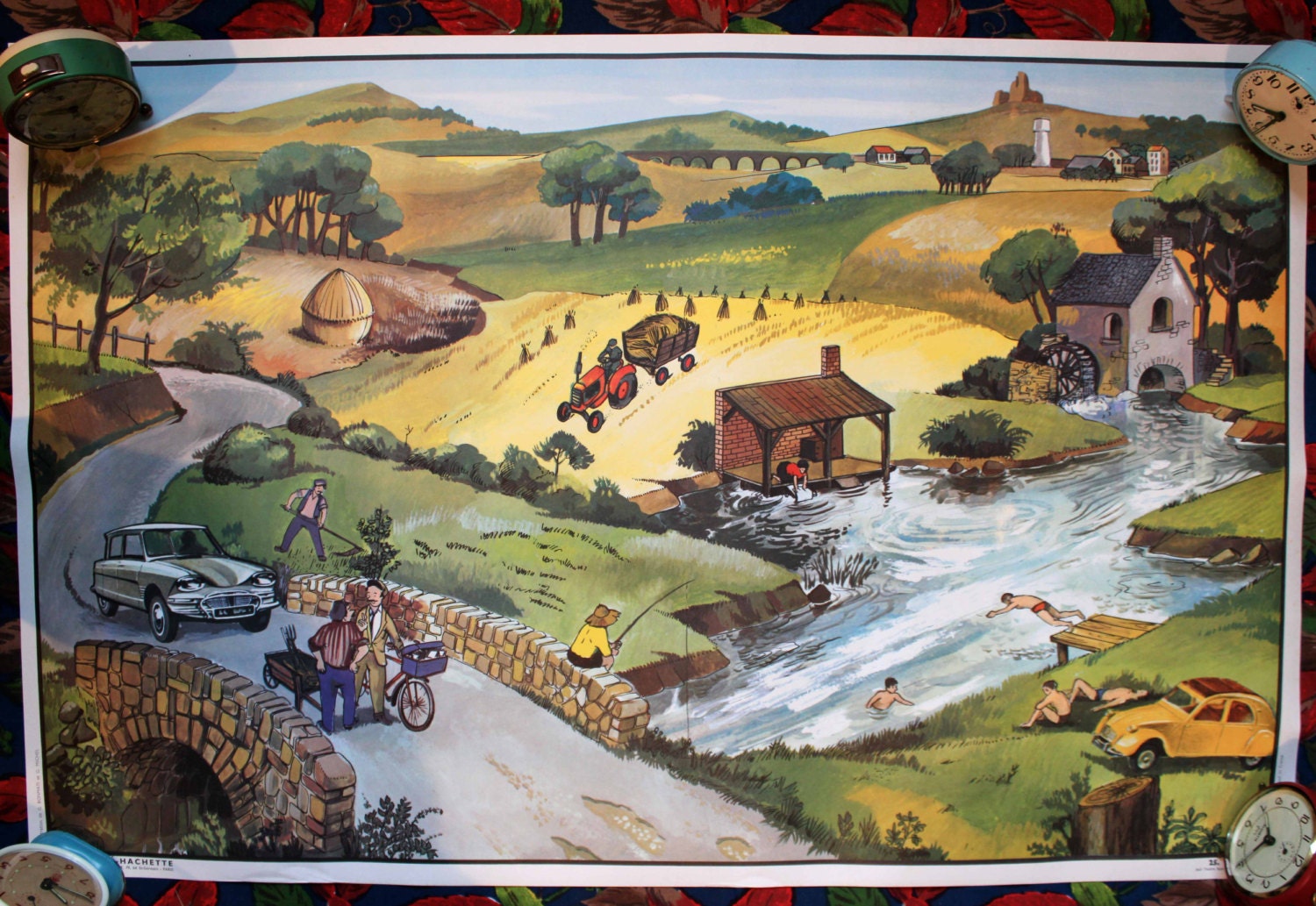 Very large and gorgeous - Vintage french school poster . 1960's MAP - Summer - The Hospital