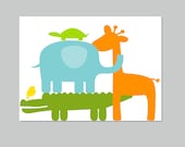 Kids Wall Decor- Nursery Wall Art- Safari Animals Party- Alligator Elephant Giraffe Turtle Bird Print-
