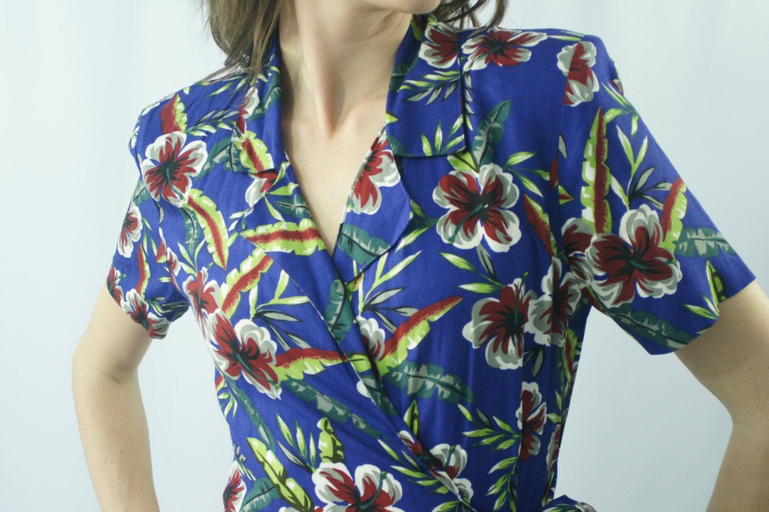Vintage 80s 90s Hawaiian Romper Wrap Dress Shorts - Blue, Green, Gray, White, Red Floral Hibiscus Print - Women's Size Small 2 4 - Westport
