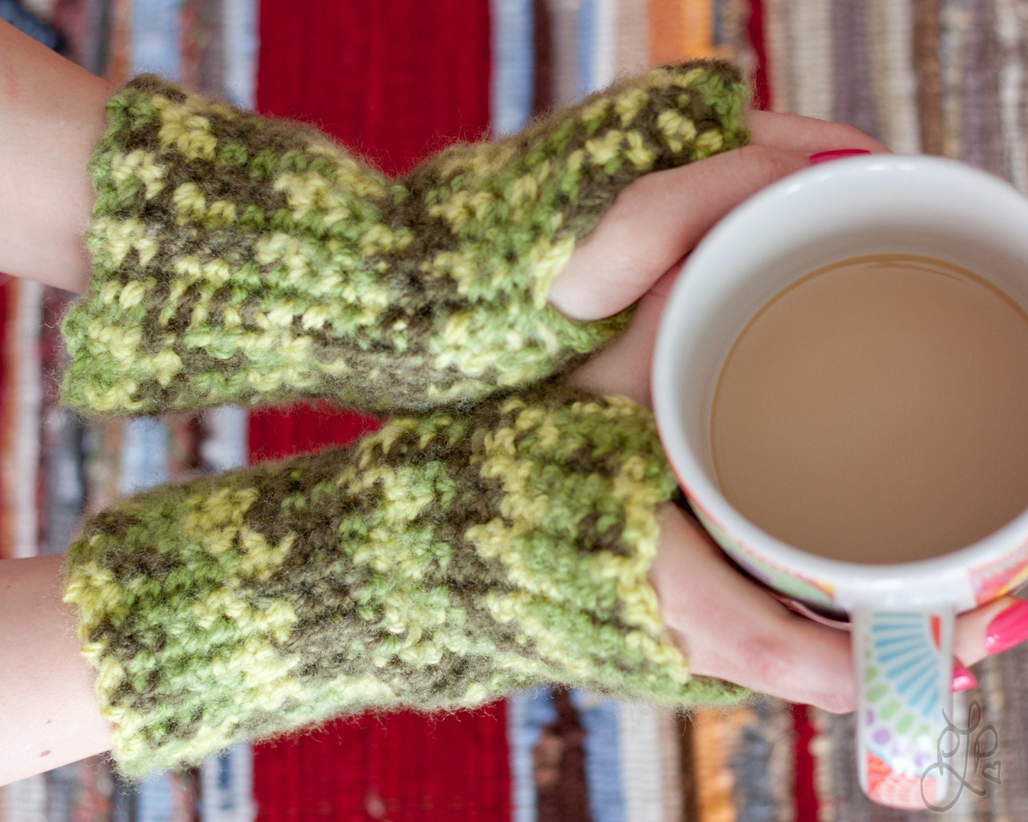 funky MULTI GREEN arm warmers / fingerless gloves handmade crochet winter accessory super cute fun yellowy lime olive sage / ready to ship.