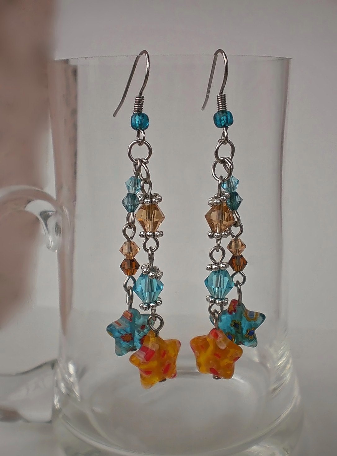Blue/ Gold/ Brown Yellow Murano Glass Dangle Earrings Beaded Stars Handcrafted Designer Jewelry