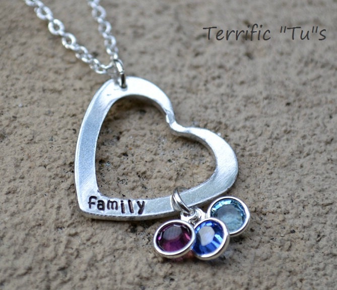 Heart Of My Family- Personalized Hand Stamped Heart Necklace with Swarovski Birth Stones