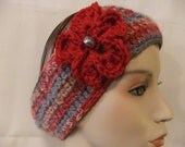 Handmade Crocheted Woman Girl Head Band Ear Warmer Red Grey Crochet Handmade Headband Accessory with Flower and Button