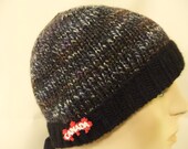 Hand Knit Boy Girl Beanie Hat Handmade Unisex Hat Black Blue Brown with Black Ribbing Toque Hat Canada Button