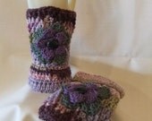 Fingerless Gloves Mittens Handmade Crocheted Woman Girl Wrist Arm Warmers Mauve Green Pink Fingerless Handmade Accessory with  Flower
