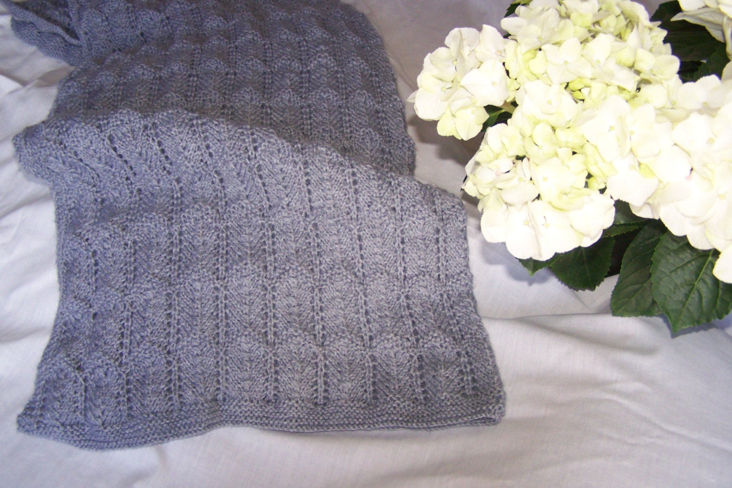 Hand knit baby blanket in soft baby grey baby yarn