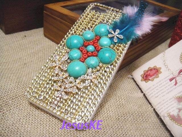 Unique iPhond cases, Boho iPhone Cover, Turquoise gold Chains cute feather cell Phone cases, iphone 4/4s case, custom iphone 5 case