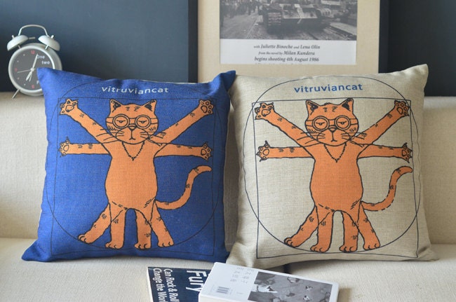 2 Pcs Decorative Linen Pillow Cases/Creative Cushion Cover - Vitruvian cat