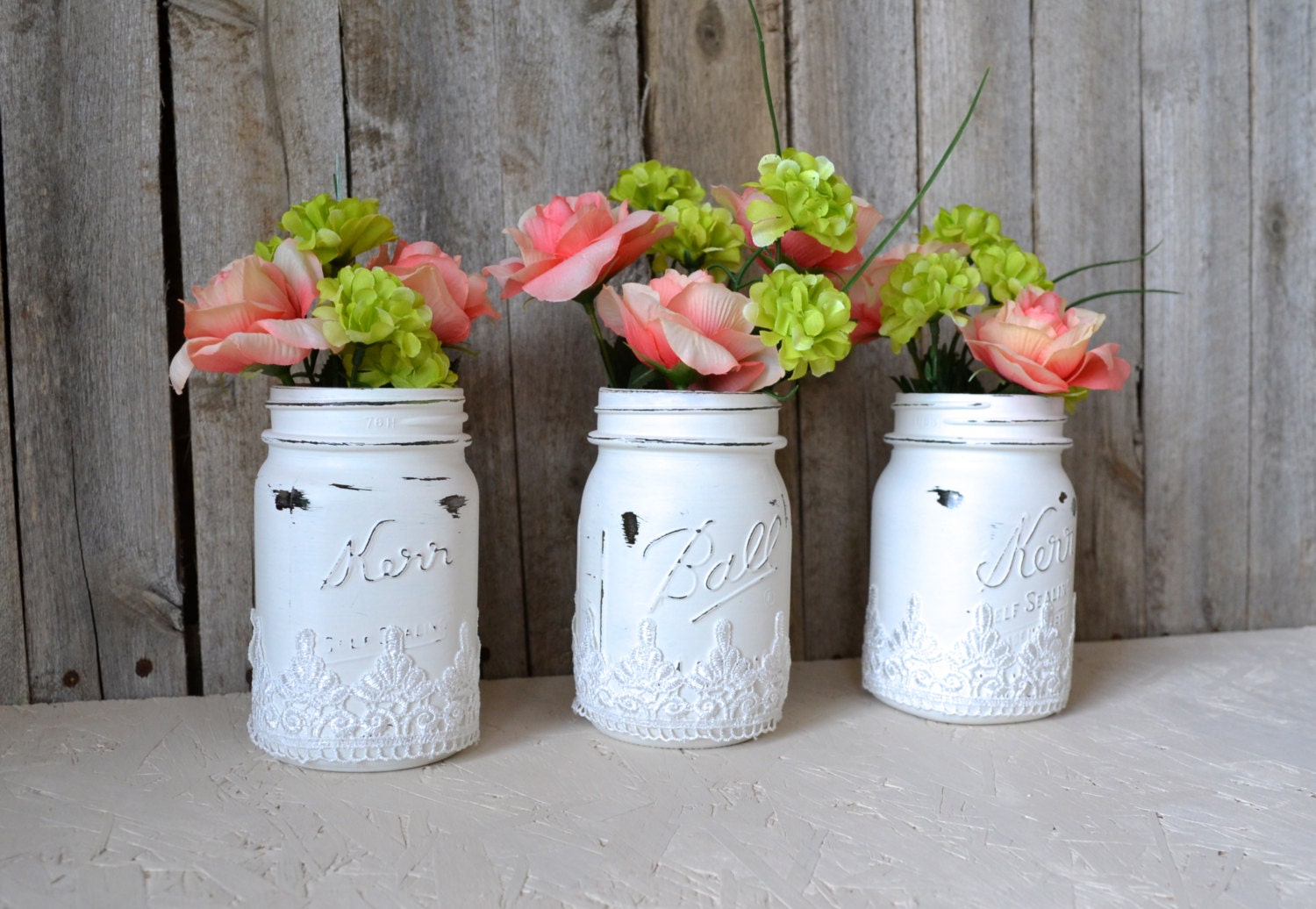 LACE Hand Painted White Mason Jars with Lace Accent- Set of 3