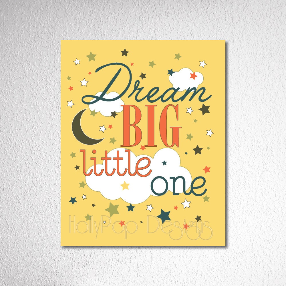 Dream Big Little One Nursery Decor Yellow Orange Teal Digital Art Prints Modern Retro Typography Artwork Baby Boy Kids Bedroom Wall Hanging