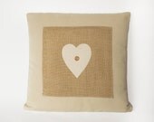 Burlap and linen pillow cover, cushion cover, rustic decor, rustic pillow cover, heart applique 16x16