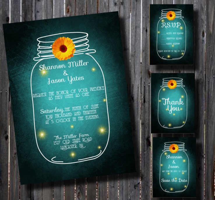 DIY Printable Wedding Invitation Suite-Country- Mason Jar-Rustic- Whimsical-DIY-Set-print your own-Teal-Daisy Accent