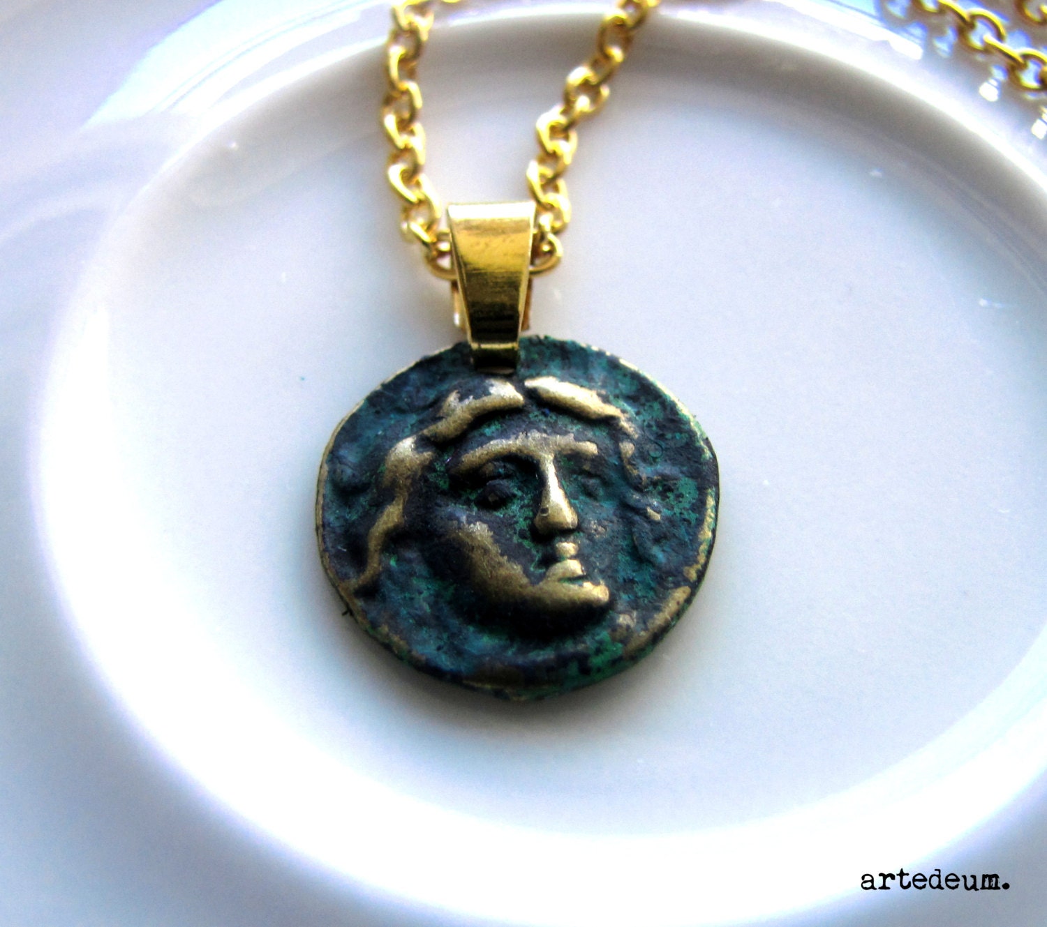 Free Shipping - Verdigris Pendant Archaic Patina Face Necklace  Gold Blue Pendant Sea Necklace Organic