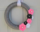 Spring Wreath,  Silver Grey, Pink, White and Charcoal Yarn and Felt Flower Wreath, Door Decoration 12 inches