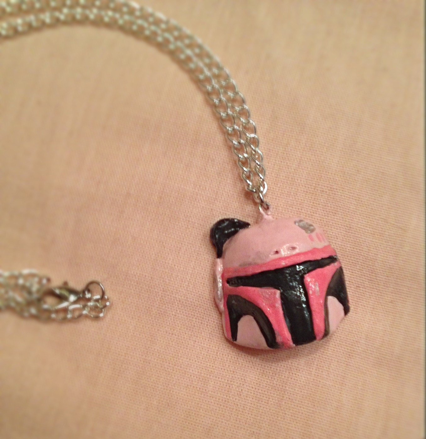 Handmade polymer clay pink Boba Fett necklace