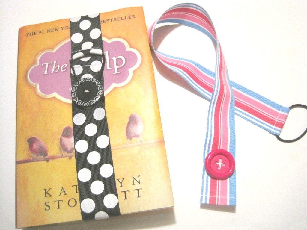 Ribbon Bookmark with a Cute Button- Pink Blue Stripes- Great Gift for the Avid Reader, Never Loose Your Place Again
