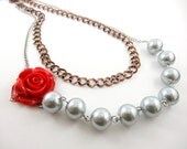 Floral Jewelry Red Rose Flower Necklace w/ Silver Beads- Wedding Party Bridesmaid Jewelry