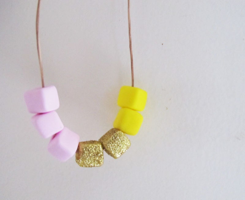 Handmade Geo Cube Necklace in Pastel Pale Pink, Glitter Gold and Neon Yellow. Bright Geometric