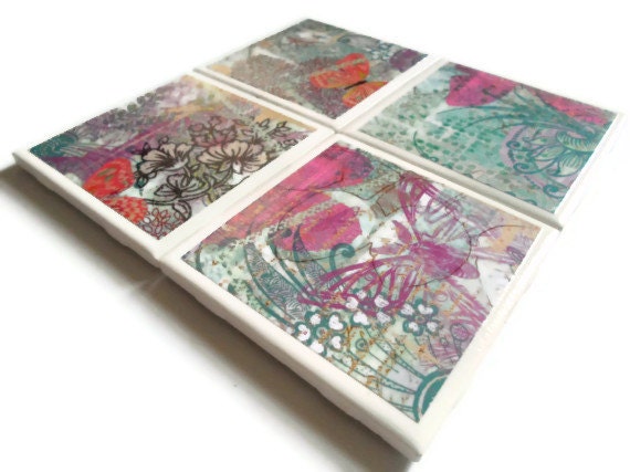 Ceramic Tile Coasters Set of Four Felt Backing Butterflies and Flowers