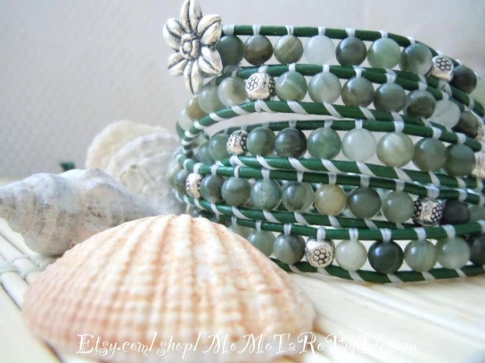 4mm Natural Green Line Jasper Round Semi-Precious Stones & Tibetan Antique Silver Finished Round Beads Green Leather Wrap Bracelet Handmade