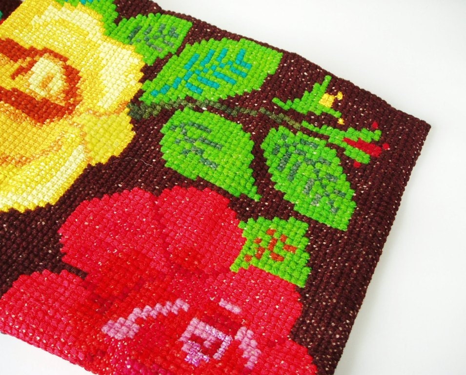 Soviet Vintage embroidery USSR Bright colors Flovery Cushion cover Wall hanging Unique Russian Gift shabby chic decor