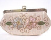 1950s Clear Vinyl Covered Beaded Fabric Clutch Purse Floral Sequined Fabric Gold Crown Clasp Retro Handbag Mid Century