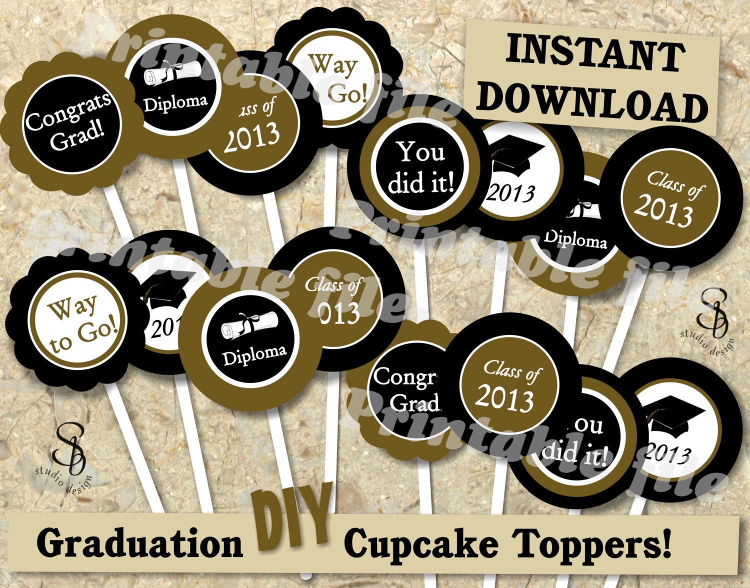 Graduation Cupcake Topper Printable Template DIY By SBStudioDesign