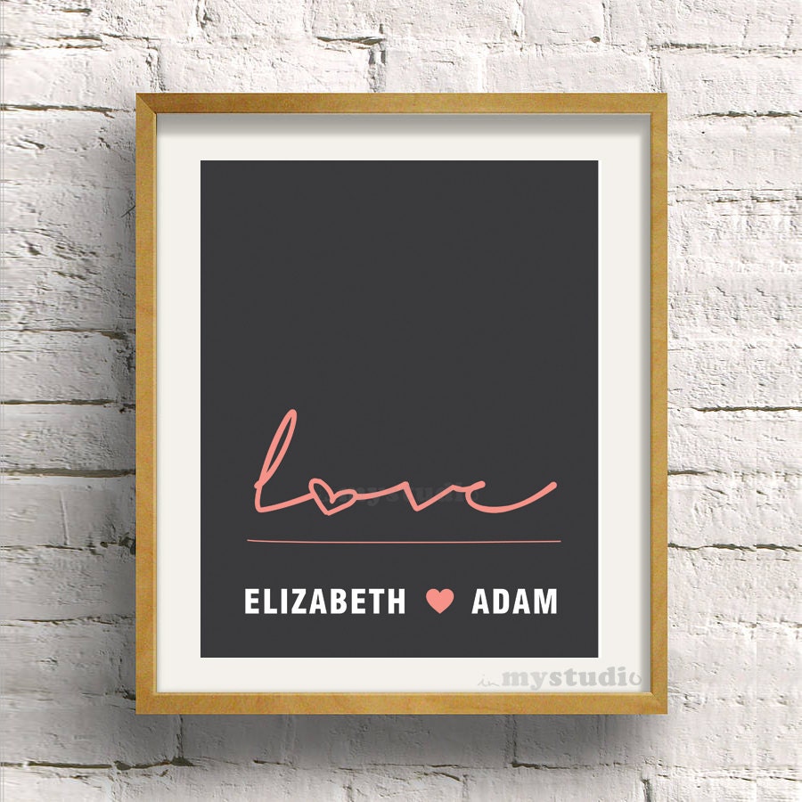 PRINTABLE Love Heart Wedding gift, Anniversary Gift Personalized Name - Wall Art Print - Gray and Pink  8x10" (20x25cm)