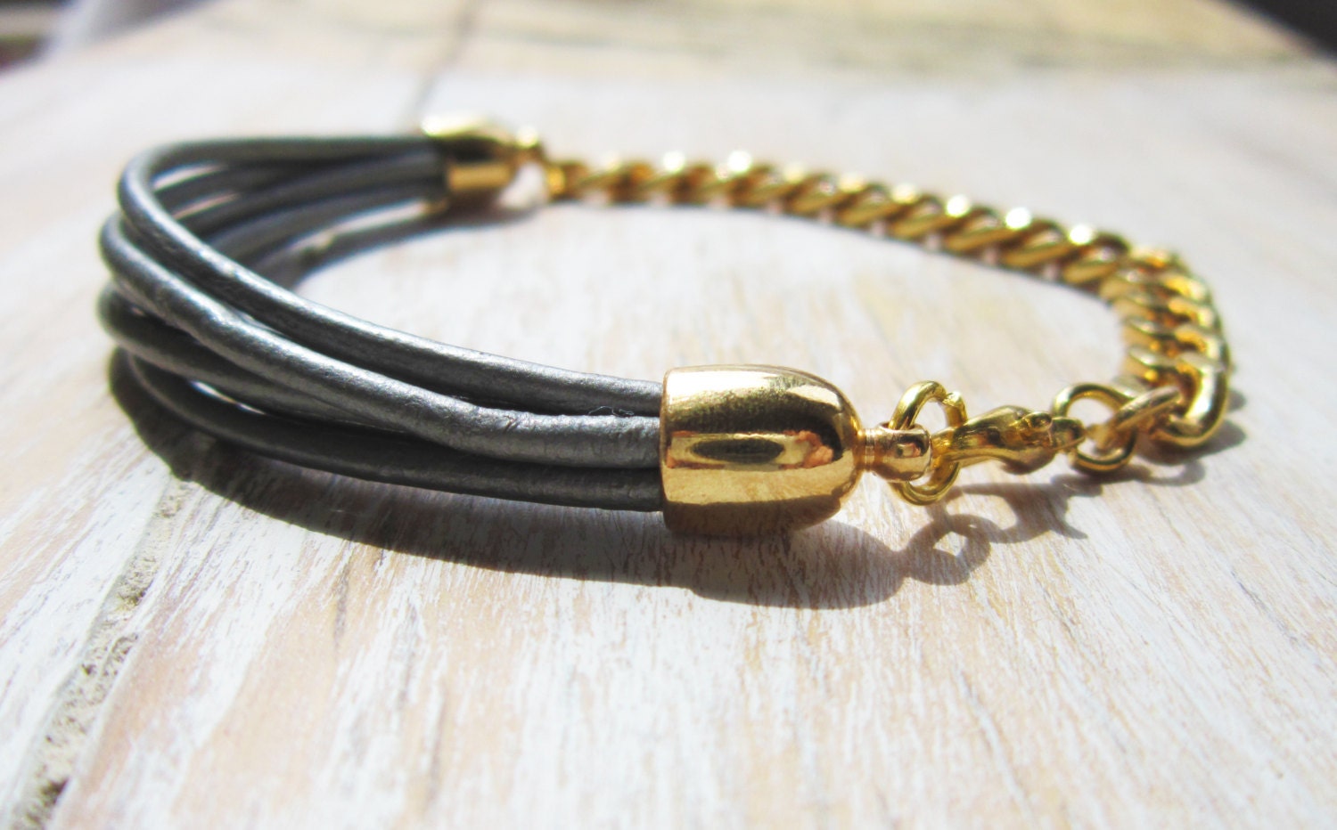 Metallic Grey - Half and Half - Leather Cord and Chunky Chain Bracelet - Free Shipping