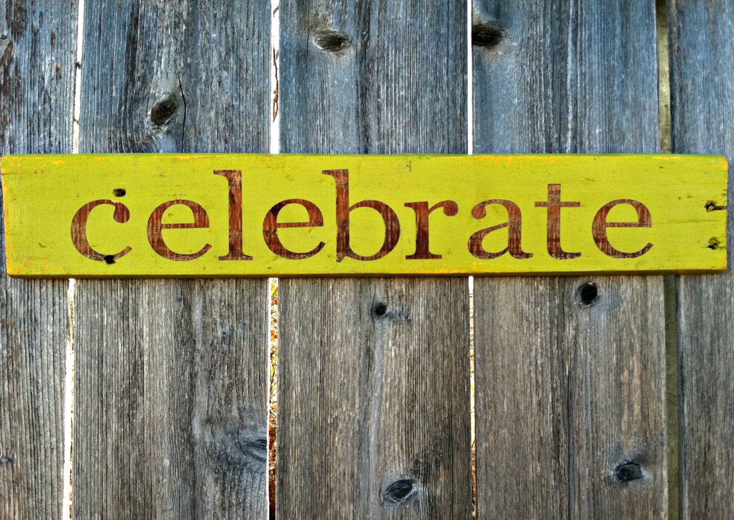 Handmade Rustic Wall Decor - Distressed Celebrate Wooden Sign in Lime Green and Natural Wood with Yellow Accents