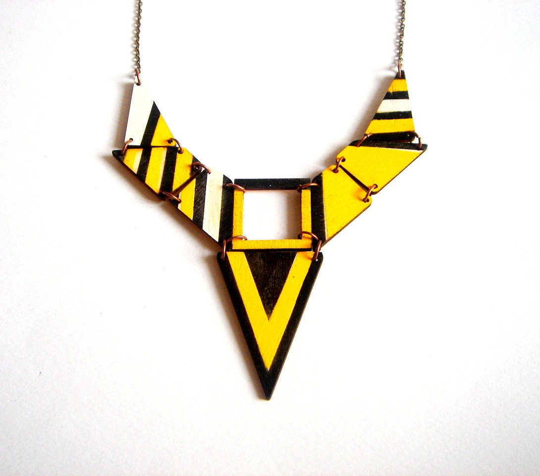 Black & Yellow Geometric Necklace,painted Wood Triangles Bib,Wood Tribal Necklace,Geometric Jewelry