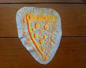 Hand screen printed pizza patch, two colors, tea dyed fabric
