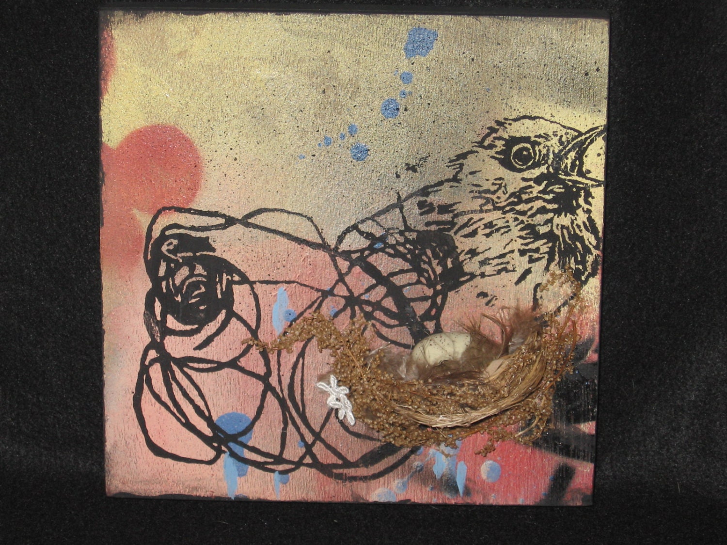 Artwork on Wood Frame, Assemblage and Mixed Media, Bird, Nest, Egg, Rose, Hand made