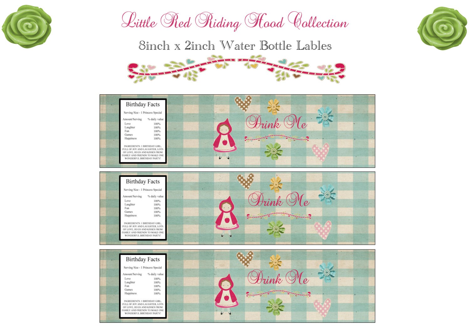 Little Red Riding Hood Collection - 2x8inch Printable WATER BOTTLE LABELS - Sweet Scarlett Events Il_570xn